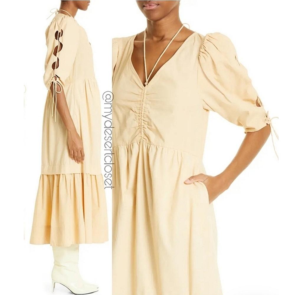 Sea New York Sia Cut Out Halter Neck Tie Puff Sleeves Cotton Midi Dress NWT